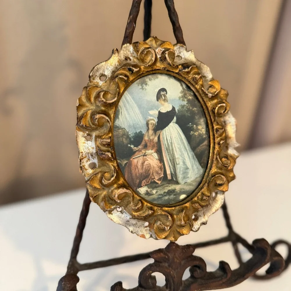 Vintage G.B. Florence Italy Hilaire Reading Miniature Gold Florentine Oval Frame